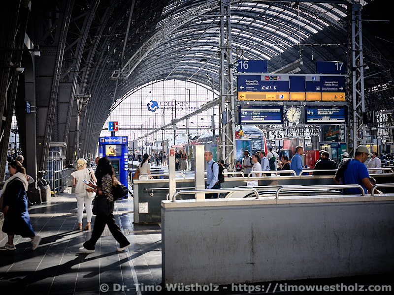 Reportagefotografie: Geschäftiges Treiben in einem Bahnhof mit schönem tonnenförmigen Glasdach