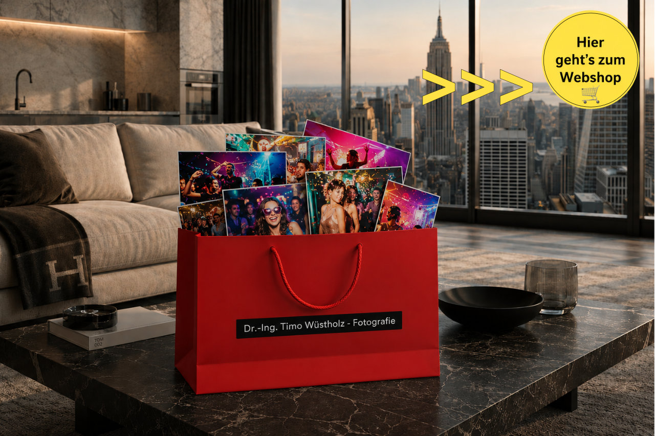 Bild mit Hinweis: "Hier geht's zum Webshop". Auf einem Wohnzimmertisch in einer Wohnung inmitten von New York steht eine Einkaufstasche mit Aufdruck "Dr.-Ing. Timo Wüstholz - Fotografie"