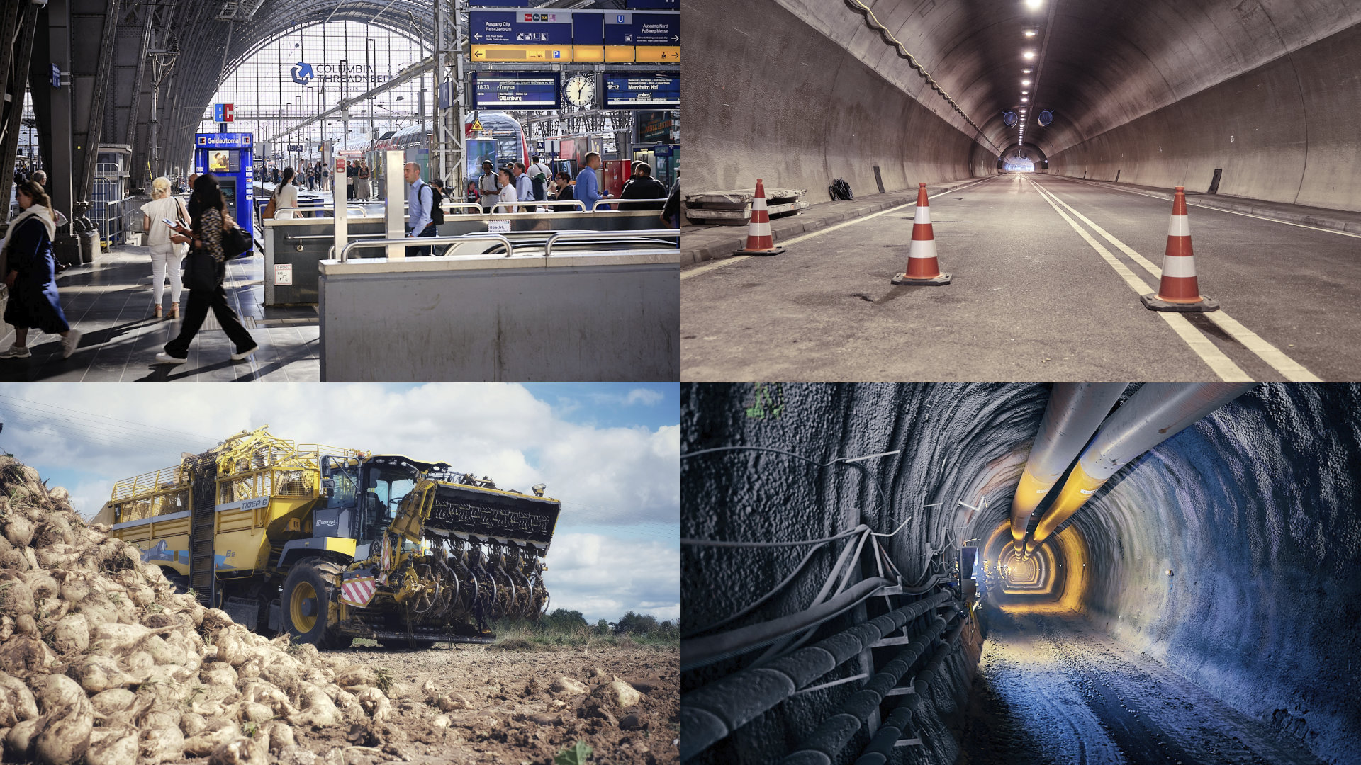 Teaser Reportagefotografie. Eine Collage aus 4 Fotos: Ein Foto vom Bahnhof, zwei Fotos einer Tunnelbaustelle und 1 Foto von der Zuckerrübenernte